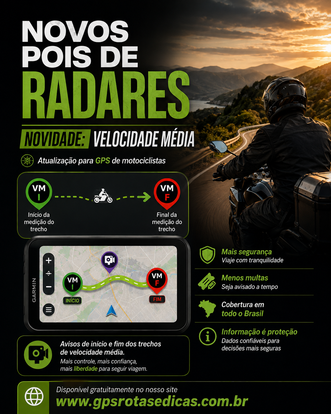Arte com os novos POIs de radares de Velocidade Média para GPS Garmin, com aviso de início e fim do trecho